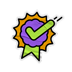 Cartoon-style compliance badge icon with a green checkmark on a purple ribbon and gold starburst background
