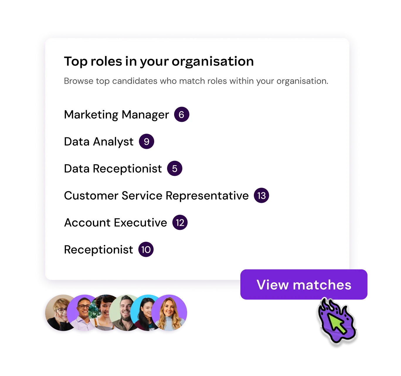 Screenshot of "Top roles in your organisation" with a list of job titles (e.g., Marketing Manager, Data Analyst) and the number of matches for each, with "View matches" button and several small profile pictures.