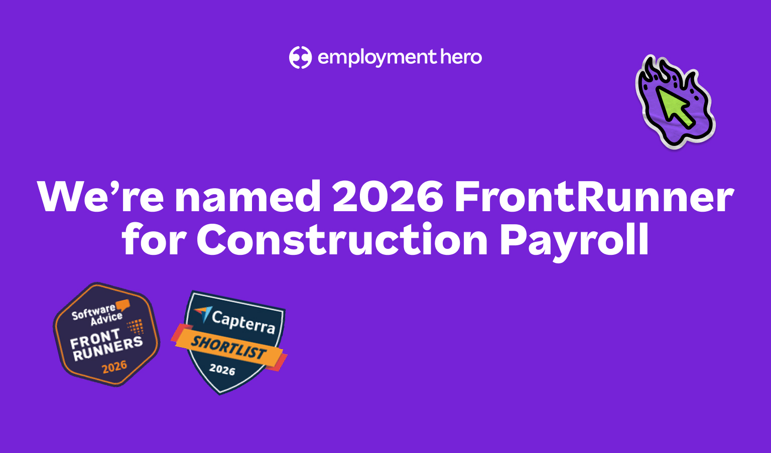 Purple background with "Employment Hero" logo; text reads "Named 2026 FrontRunner for Construction Payroll." Two badges: Software Advice and Capterra. Playful tone.