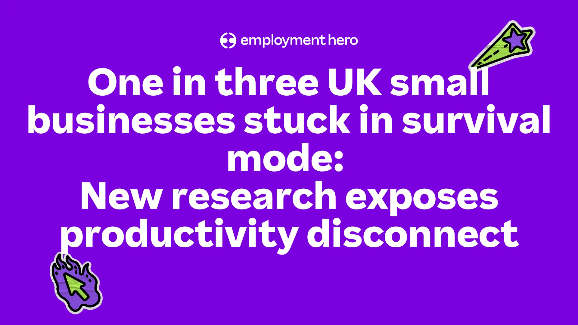 Purple background with bold white text: "One in three UK small businesses stuck in survival mode: New research exposes productivity disconnect." Decorative icons in corners.