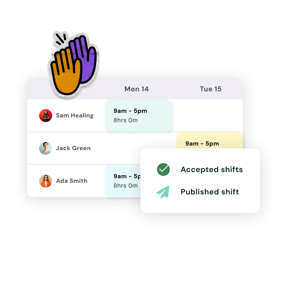 A digital schedule shows shifts for three employees, with icons indicating accepted and published shifts. A high-five sticker adds a positive tone.